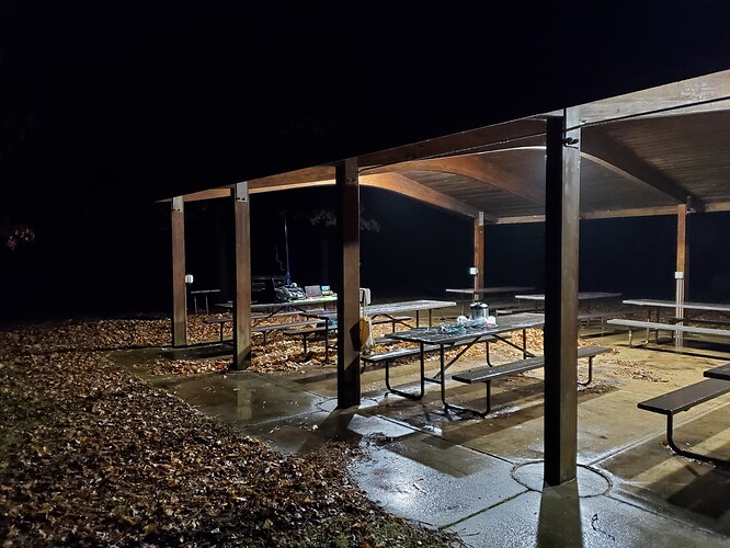 Fully lit park shelter before breaking down